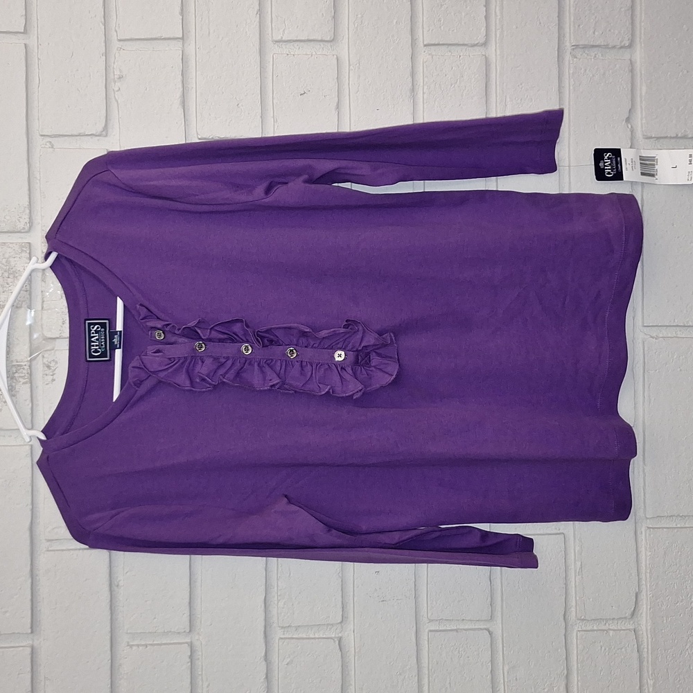 Chaps Purple Ruffle Front 3/4 Sleeve Top. Size Large NWT